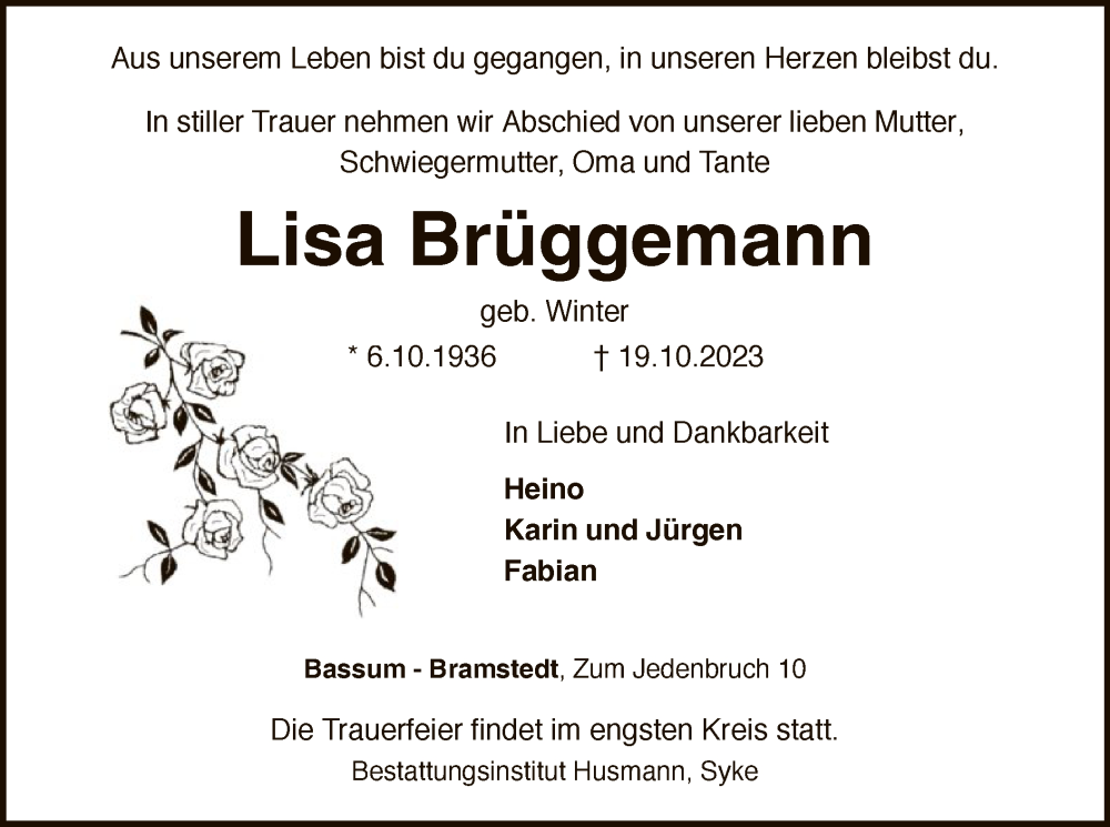  Traueranzeige für Lisa Brüggemann vom 28.10.2023 aus SYK