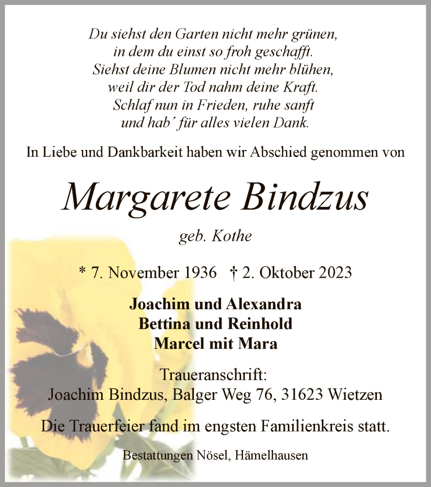 Traueranzeige für Margarete Bindzus vom 21.10.2023 aus SYK