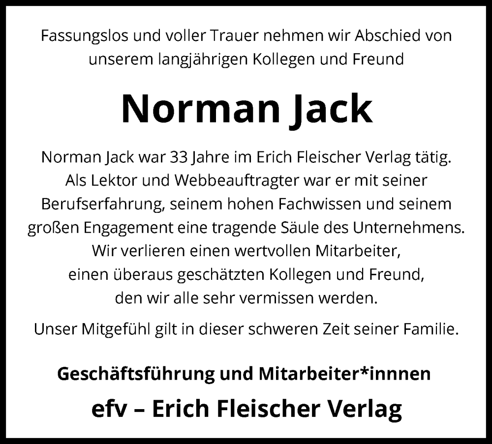  Traueranzeige für Norman Jack vom 14.10.2023 aus SYK