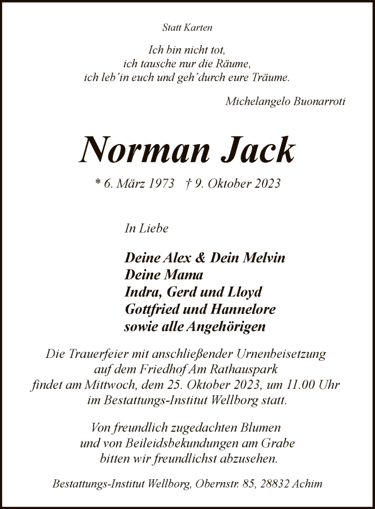  Traueranzeige für Norman Jack vom 14.10.2023 aus SYK