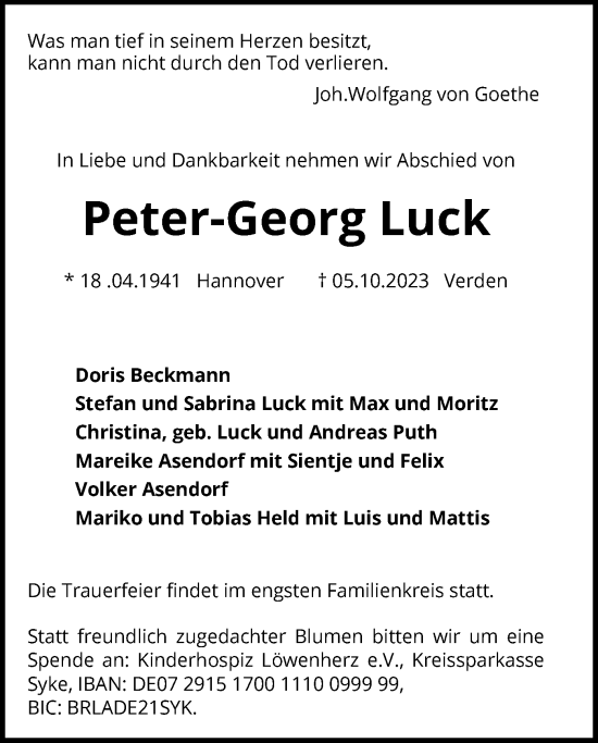 Traueranzeige von Peter-Georg Luck von SYK