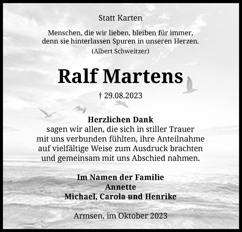  Traueranzeige für Ralf Martens vom 14.10.2023 aus SYK