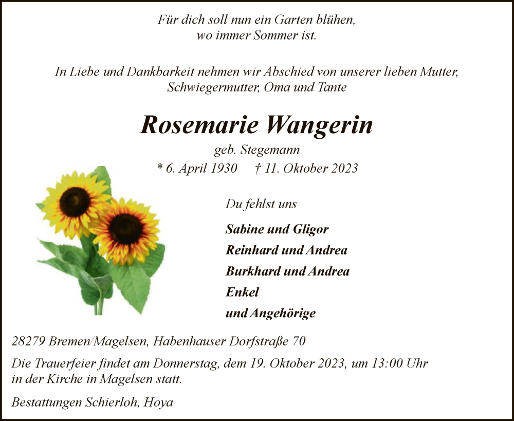  Traueranzeige für Rosemarie Wangerin vom 14.10.2023 aus SYK