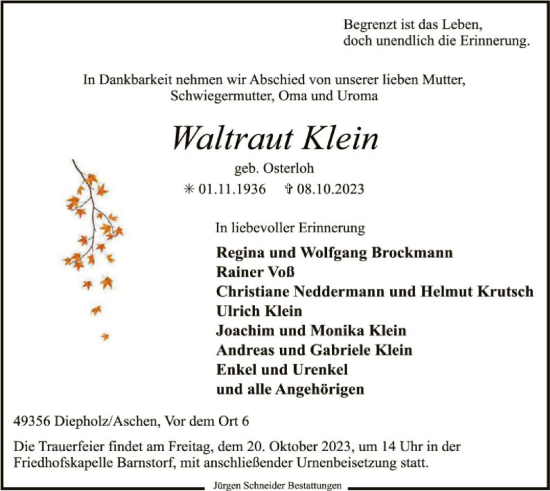 Traueranzeige von Waltraut Klein von SYK