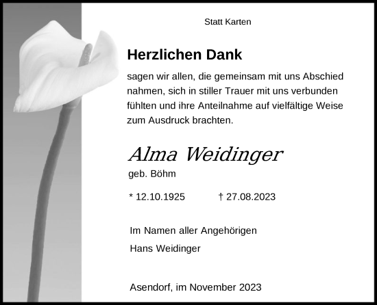 Traueranzeige von Alma Weidinger von SYK