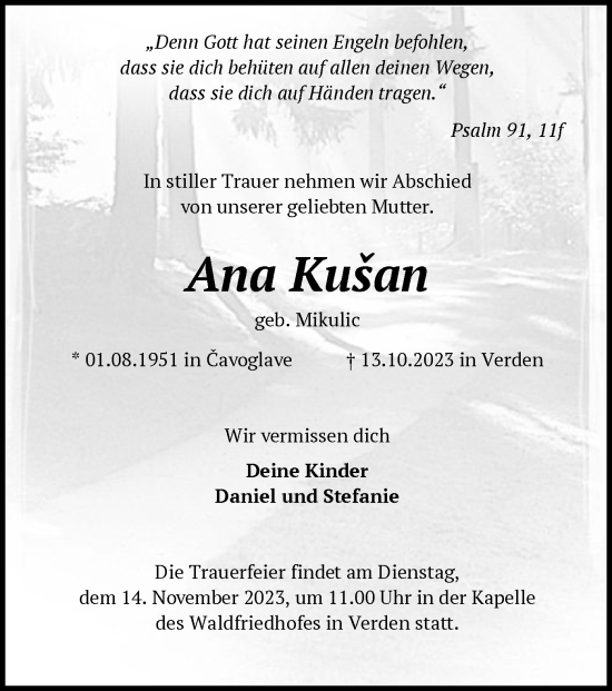 Traueranzeige von Ana Kusan von SYK