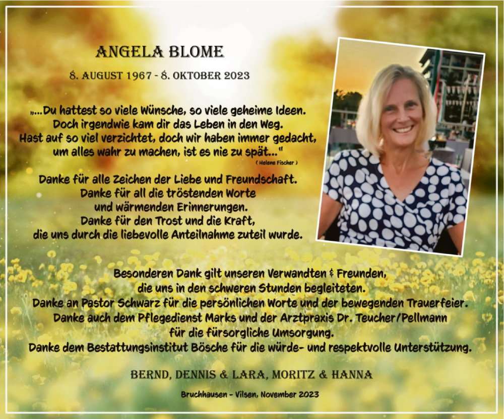  Traueranzeige für Angela Blome vom 25.11.2023 aus SYKSYKSYK