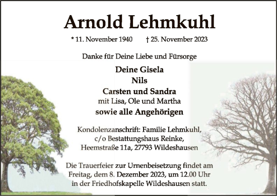 Traueranzeige von Arnold Lehmkuhl von SYKSYK