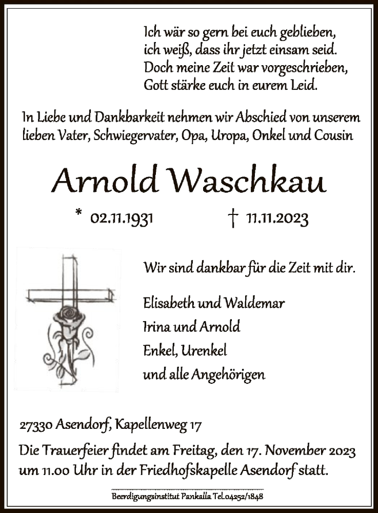  Traueranzeige für Arnold Waschkau vom 14.11.2023 aus SYK