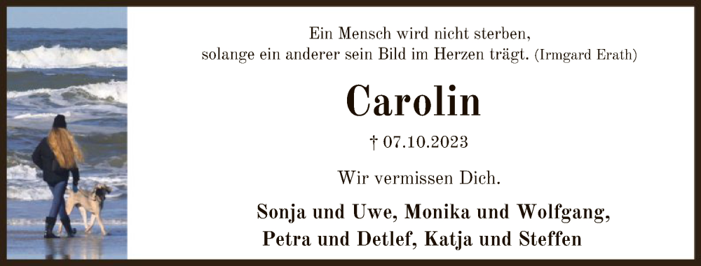  Traueranzeige für Carolin Bohl vom 04.11.2023 aus SYK