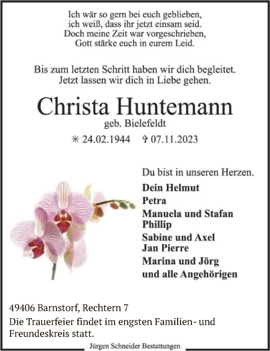 Traueranzeige von Christa Huntemann von SYK