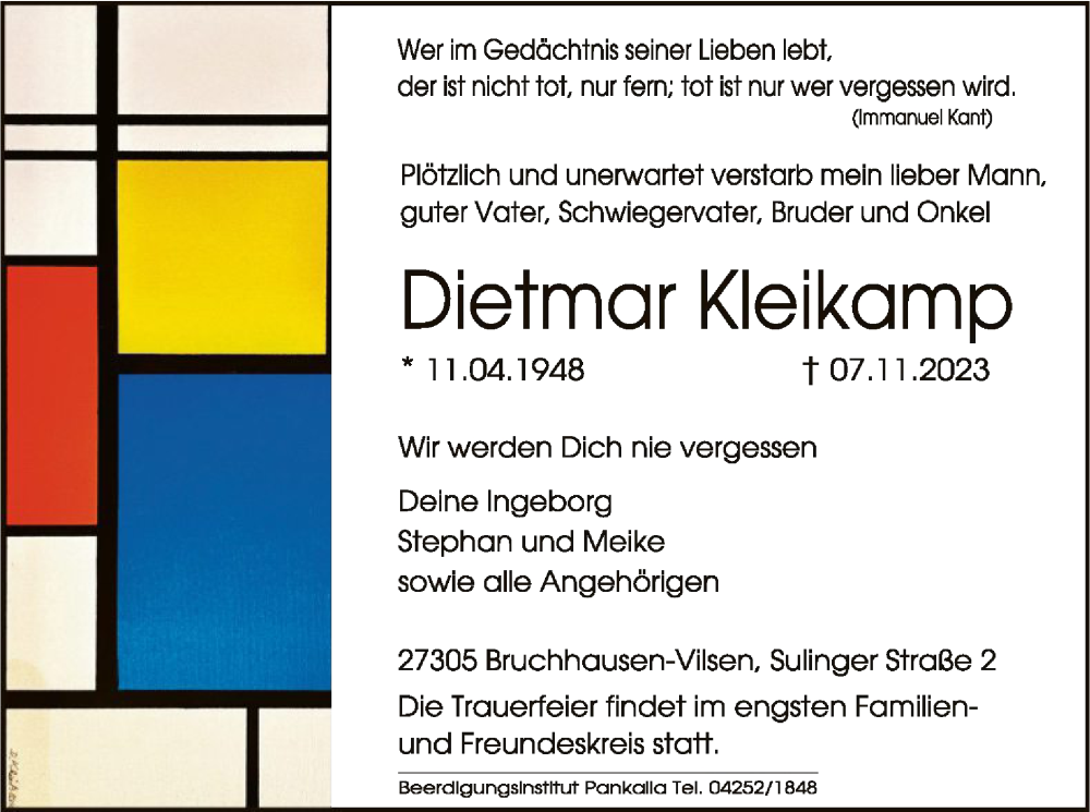  Traueranzeige für Dietmar Kleikamp vom 11.11.2023 aus SYK