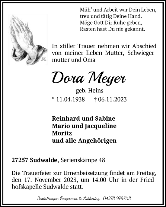 Traueranzeige von Dora Meyer von SYK