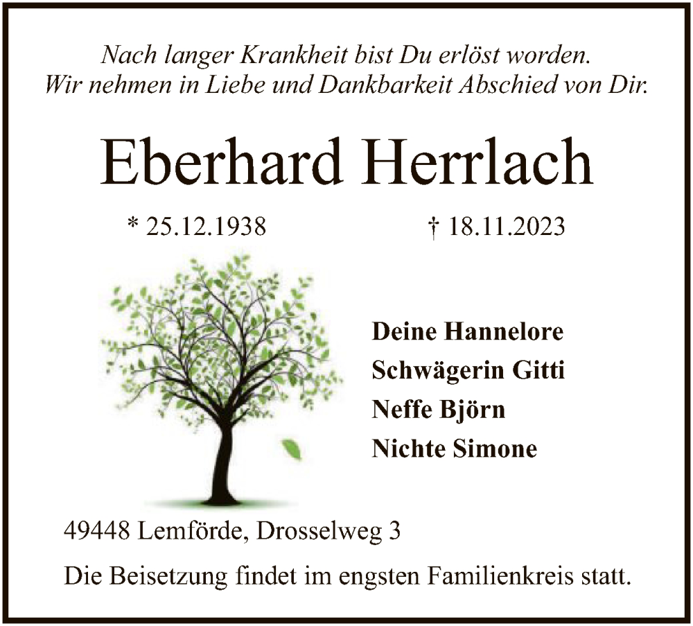  Traueranzeige für Eberhard Herrlach vom 21.11.2023 aus SYK