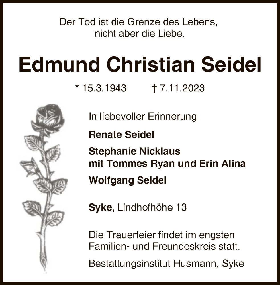  Traueranzeige für Edmund Christian Seidel vom 18.11.2023 aus SYK