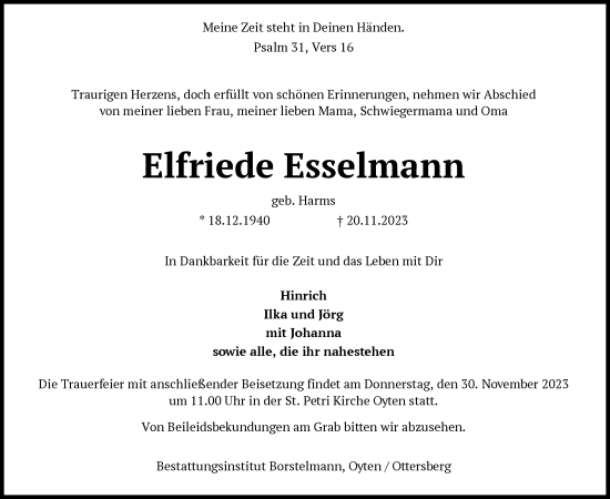 Traueranzeige von Elfriede Esselmann von SYK