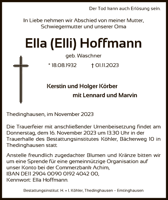 Traueranzeige von Ella Hoffmann von SYK