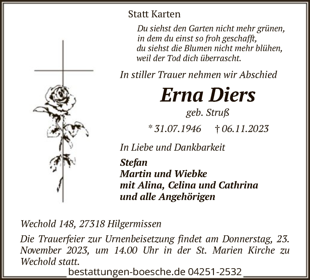  Traueranzeige für Erna Diers vom 11.11.2023 aus SYK