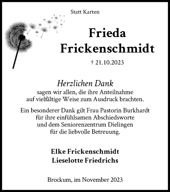 Traueranzeige von Frieda Frickenschmidt von SYK