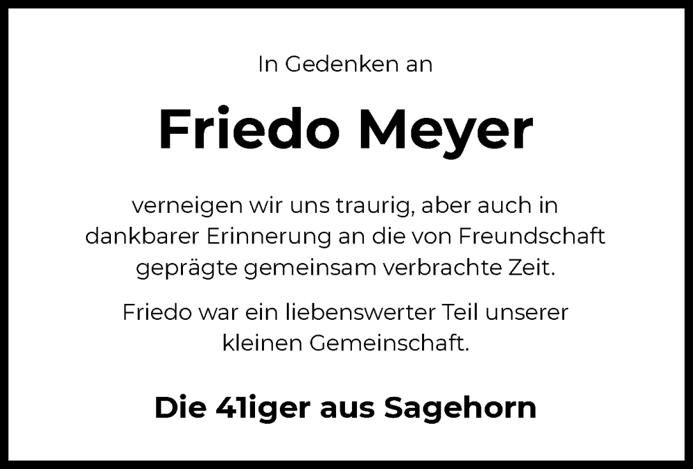  Traueranzeige für Friedo Meyer vom 21.11.2023 aus SYK