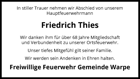 Traueranzeige von Friedrich Thies von SYK