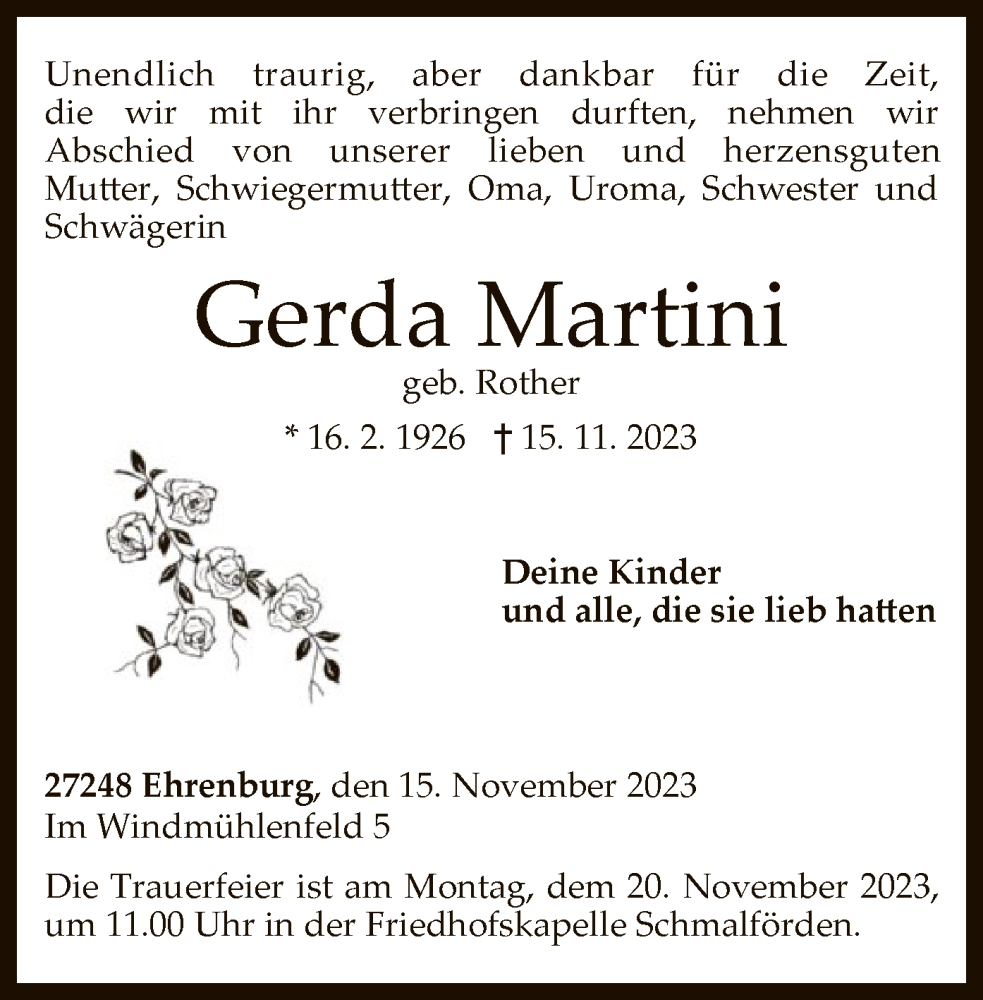  Traueranzeige für Gerda Martini vom 17.11.2023 aus SYK