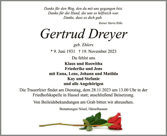 Traueranzeige von Gertrud Dreyer von SYK