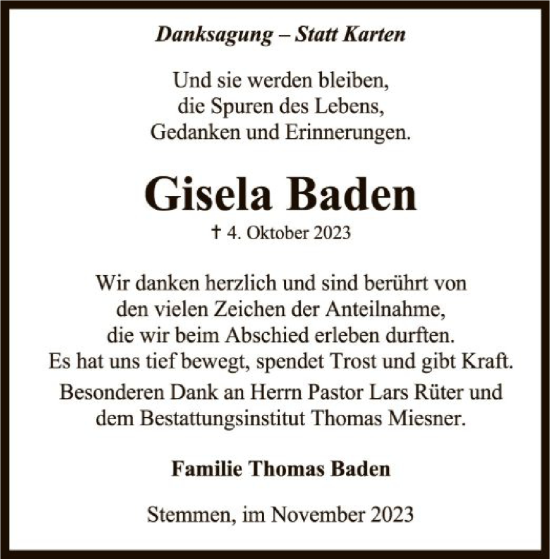 Traueranzeige von Gisela Baden von SYK