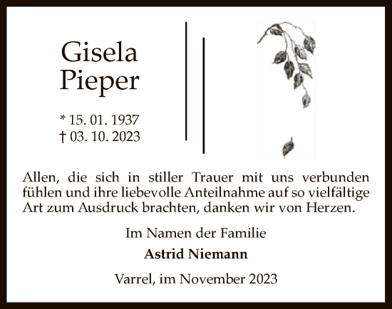 Traueranzeige von Gisela Pieper von SYK