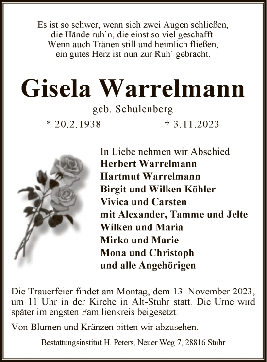 Traueranzeige von Gisela Warrelmann von SYK