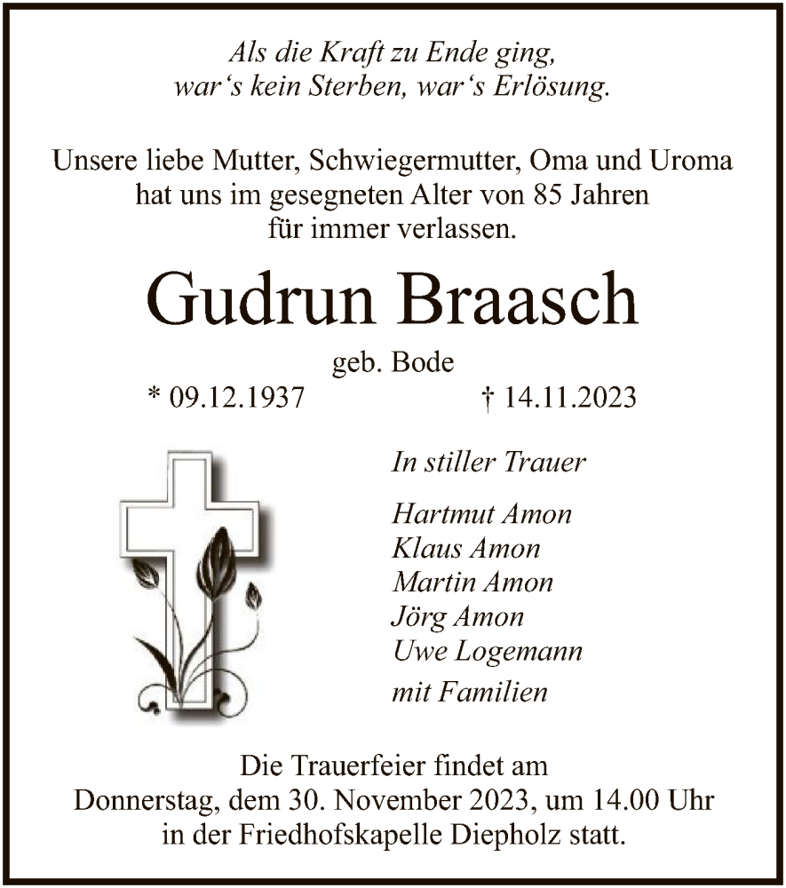  Traueranzeige für Gudrun Braasch vom 18.11.2023 aus SYK