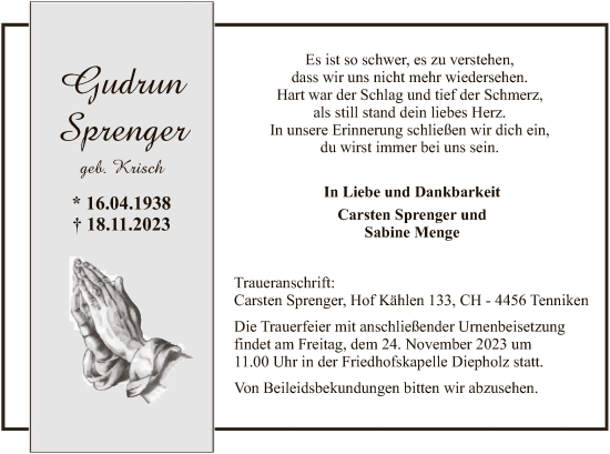 Traueranzeige von Gudrun Sprenger von SYK