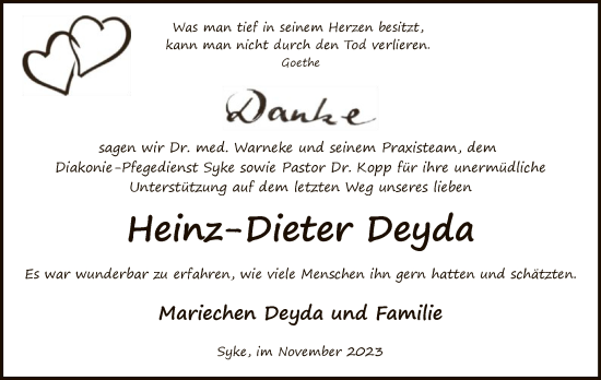 Traueranzeige von Heinz-Dieter Deyda von SYK