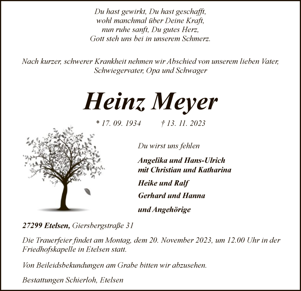  Traueranzeige für Heinz Meyer vom 16.11.2023 aus SYK
