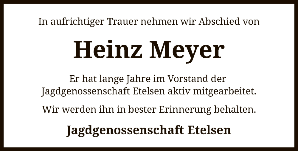  Traueranzeige für Heinz Meyer vom 17.11.2023 aus SYK