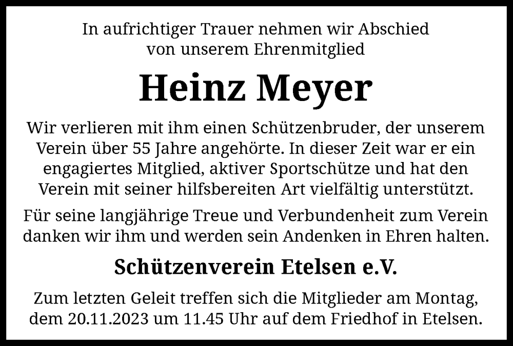  Traueranzeige für Heinz Meyer vom 16.11.2023 aus SYK