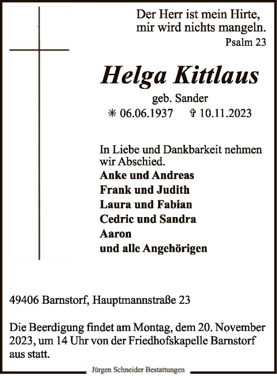 Traueranzeige von Helga Kittlaus von SYK