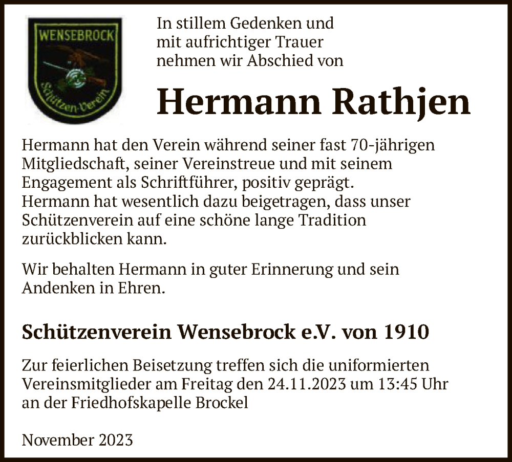  Traueranzeige für Hermann Rathjen vom 22.11.2023 aus SYK