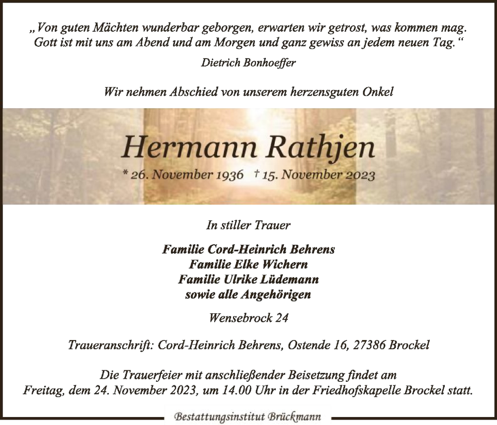  Traueranzeige für Hermann Rathjen vom 18.11.2023 aus SYK