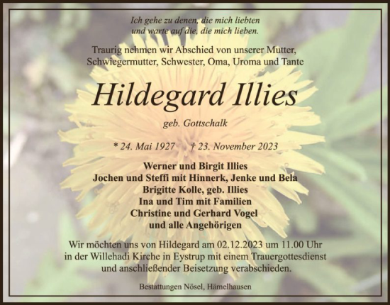 Traueranzeige von Hildegard Illies von SYK