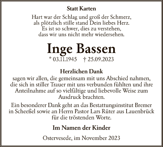 Traueranzeige von Inge Bassen von SYK