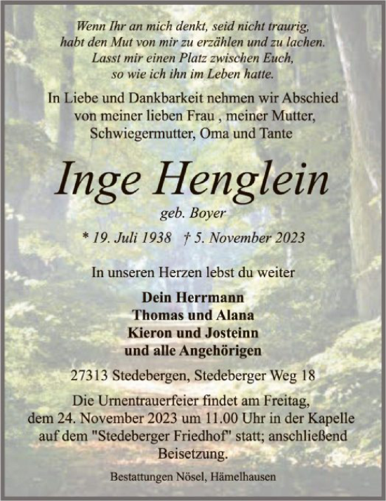 Traueranzeige von Inge Henglein von SYK