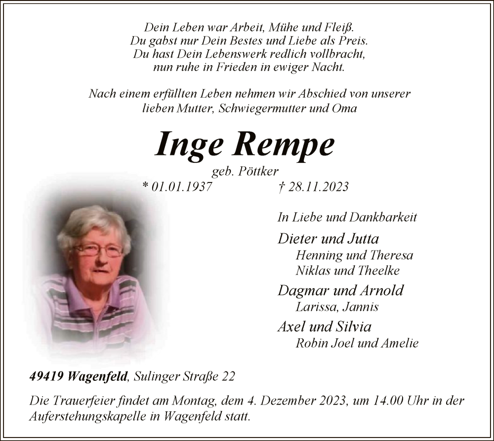  Traueranzeige für Inge Rempe vom 30.11.2023 aus SYK