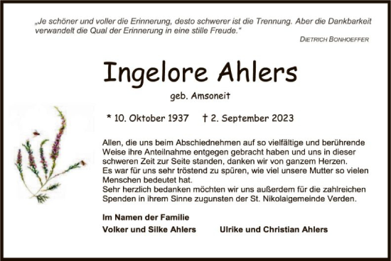 Traueranzeige von Ingelore Ahlers von SYK