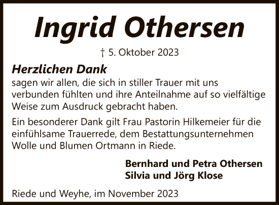 Traueranzeige von Ingrid Othersen von SYK