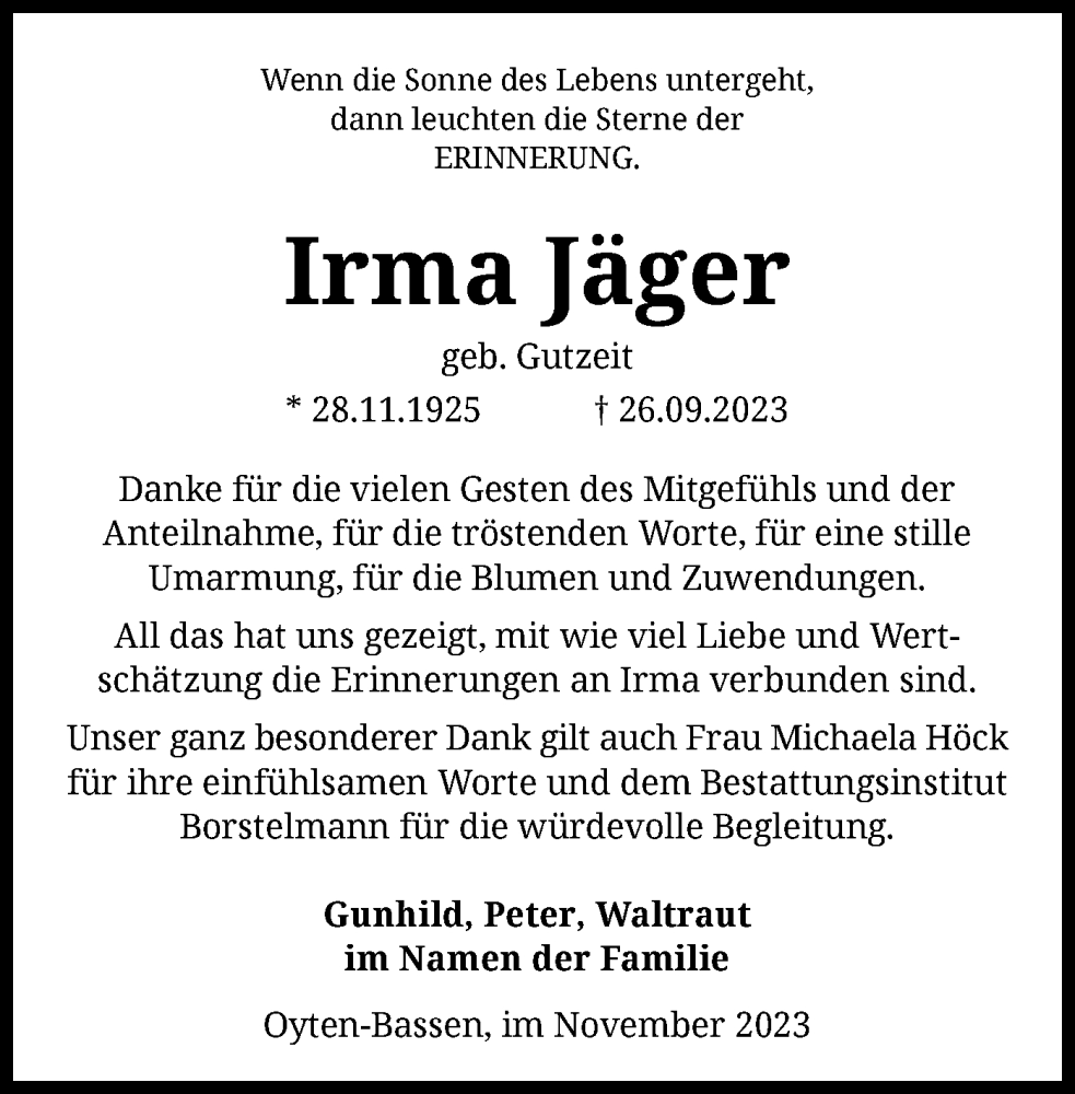  Traueranzeige für Irma Jäger vom 04.11.2023 aus SYK