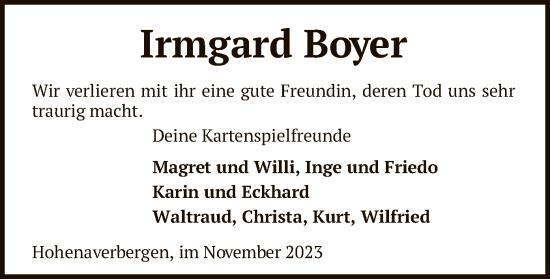 Traueranzeige von Irmgard Boyer von SYK