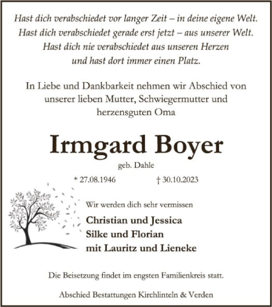 Traueranzeige von Irmgard Boyer von SYK