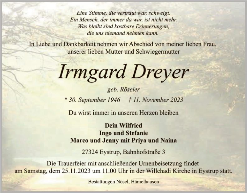  Traueranzeige für Irmgard Dreyer vom 18.11.2023 aus SYK