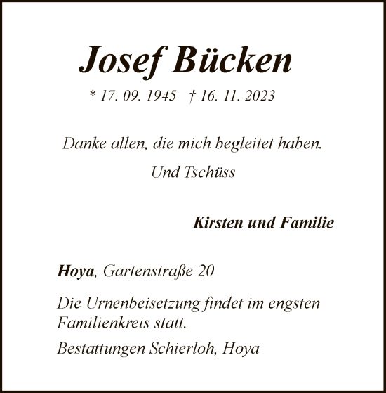 Traueranzeige von Josef Bücken von SYK